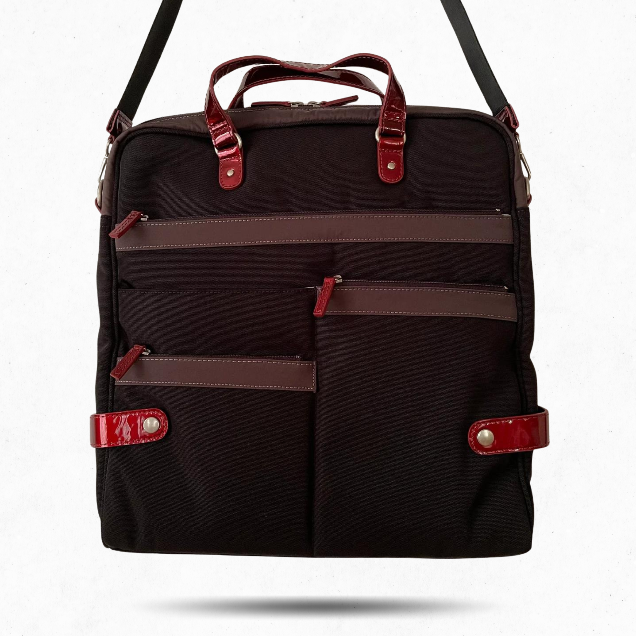 Premium Collection | Tall Nylon x Leather Briefcase with Stripe Stitch Accents | Black x Wine